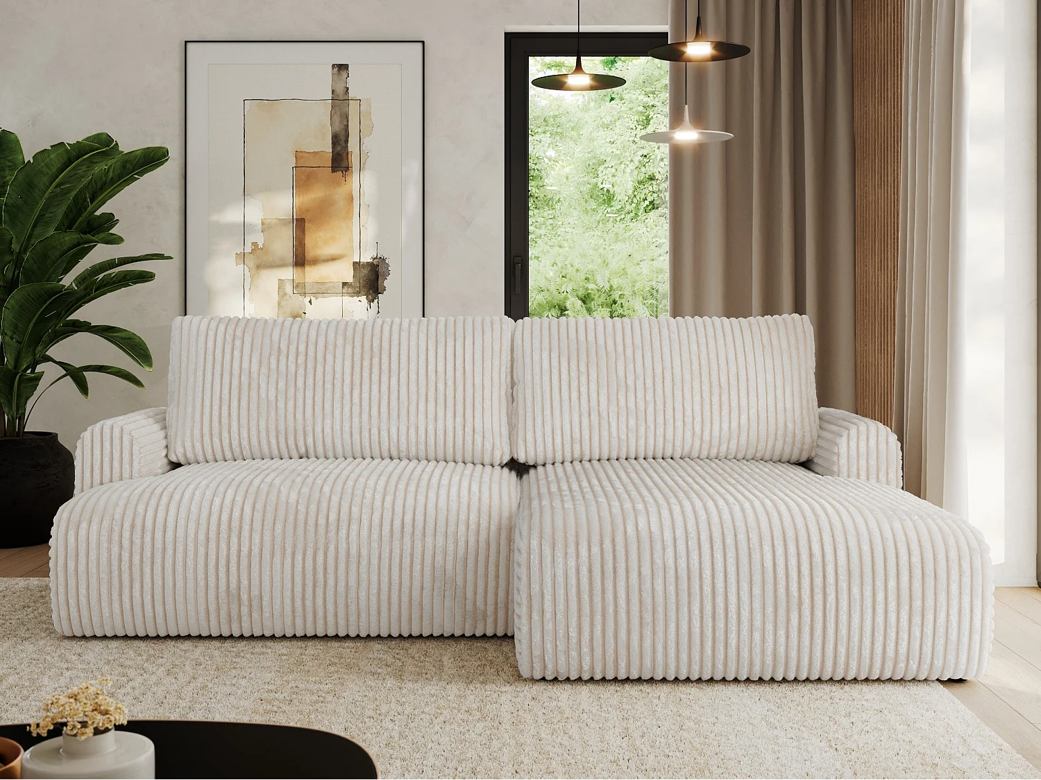 Ecksofa TONO - mit Schlaffunktion und Bettkasten, L-form Ecke, Armlehnen - Creme Cord - Ecke Rechts
