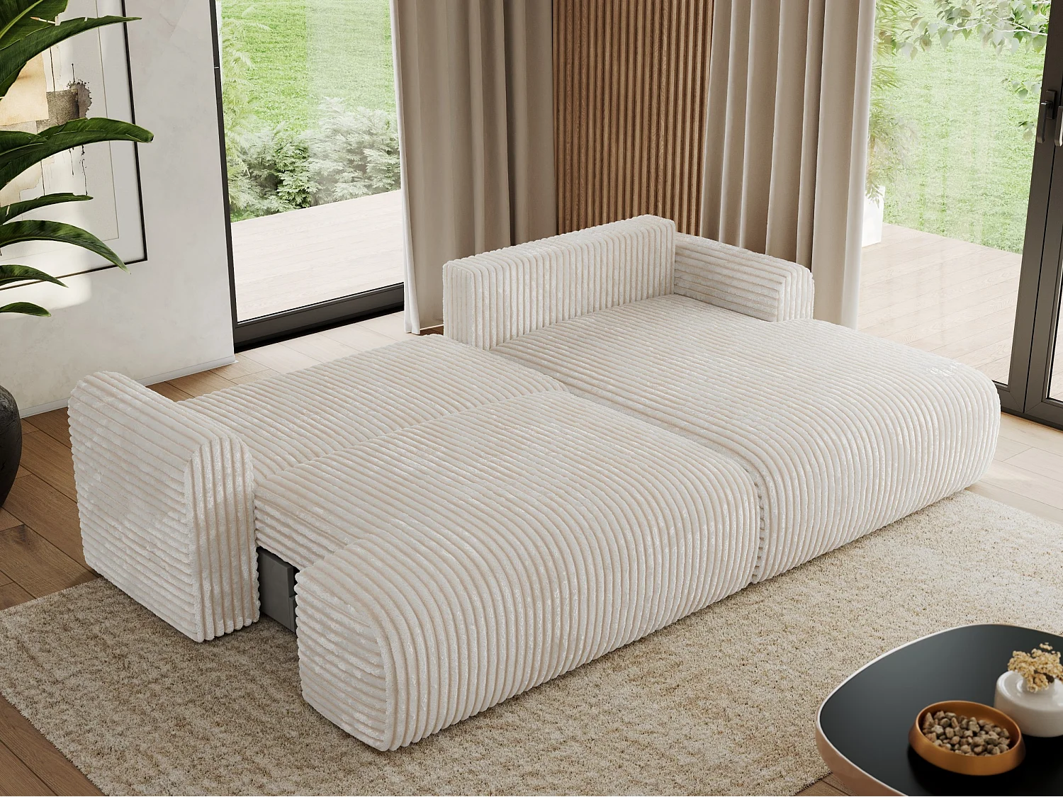 Ecksofa TONO - mit Schlaffunktion und Bettkasten, L-form Ecke, Armlehnen - Creme Cord - Ecke Rechts