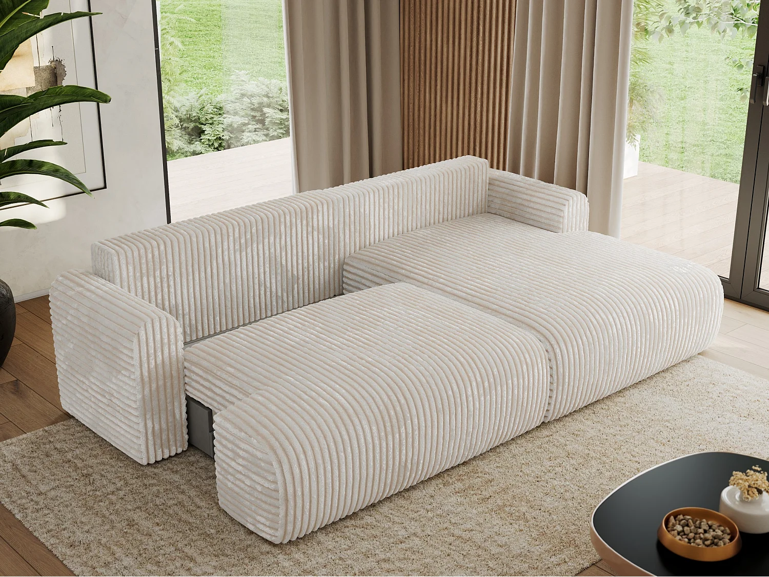 Ecksofa TONO - mit Schlaffunktion und Bettkasten, L-form Ecke, Armlehnen - Creme Cord - Ecke Rechts