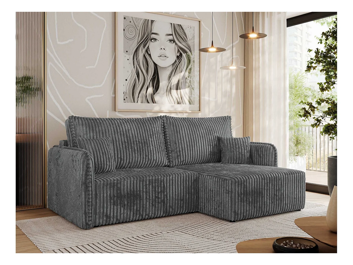 Ecksofa MESTO - Schlaffunktion und Bettkasten, L-form Couch für das Wohnzimmer, Armlehnen - Dunkelgrau Cord - Ecke Rechts