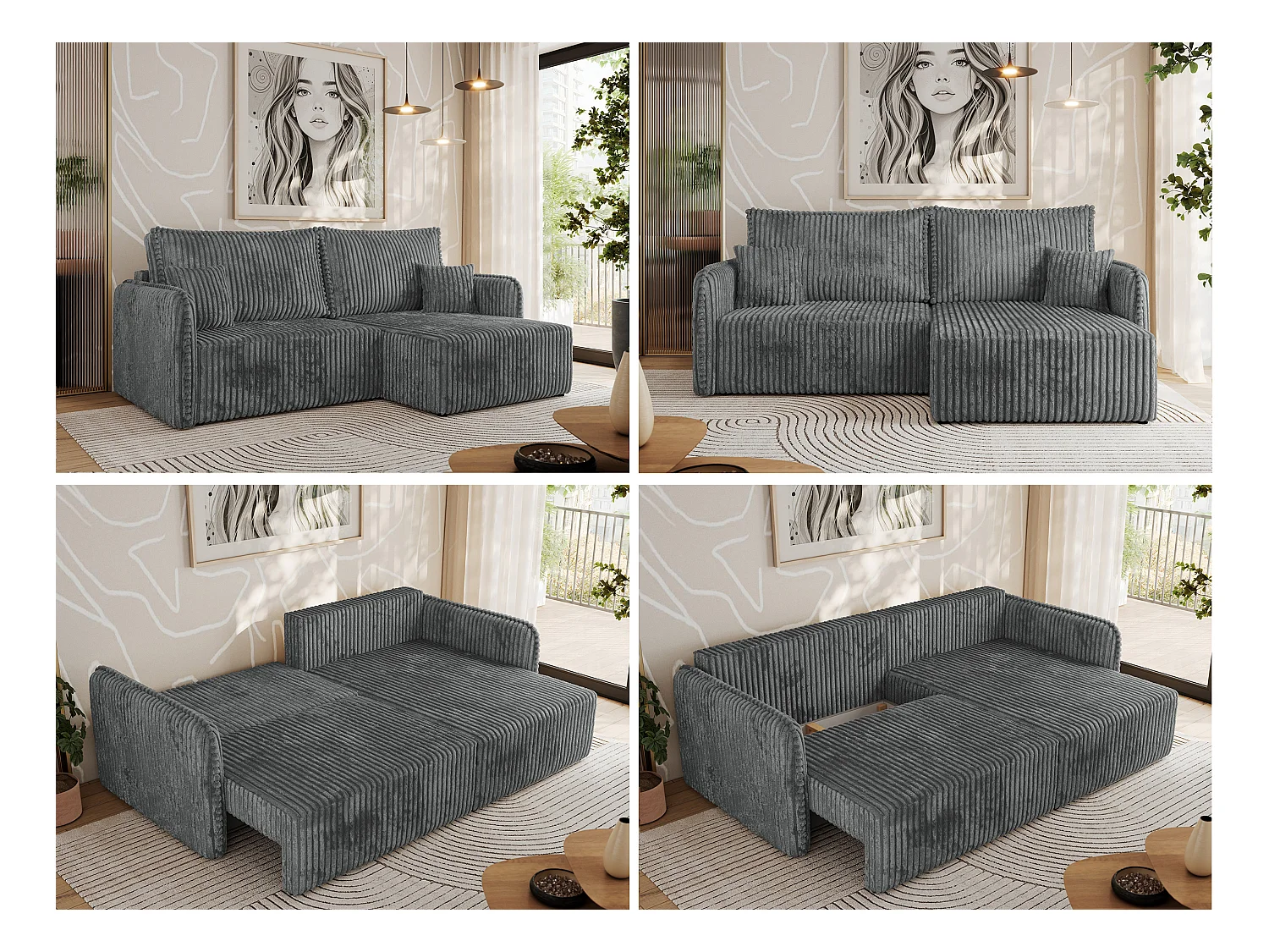 Ecksofa MESTO - Schlaffunktion und Bettkasten, L-form Couch für das Wohnzimmer, Armlehnen - Dunkelgrau Cord - Ecke Rechts