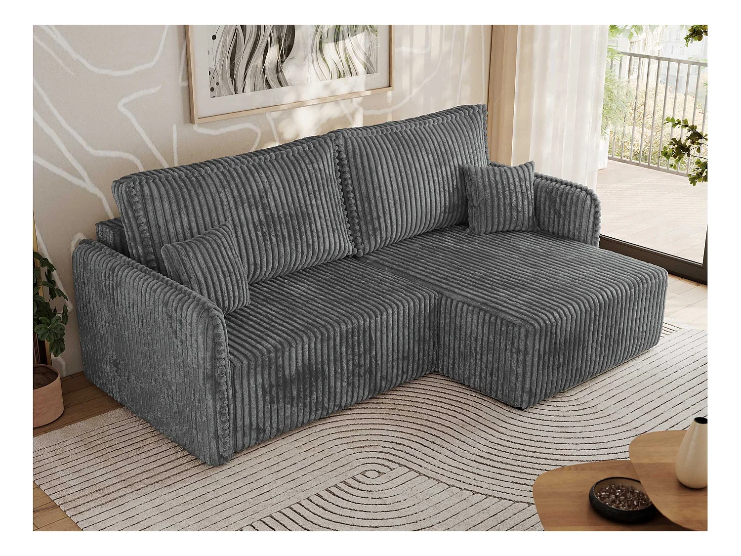 Ecksofa MESTO - Schlaffunktion und Bettkasten, L-form Couch für das Wohnzimmer, Armlehnen - Dunkelgrau Cord - Ecke Rechts