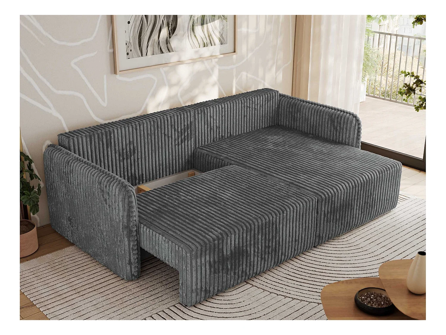 Ecksofa MESTO - Schlaffunktion und Bettkasten, L-form Couch für das Wohnzimmer, Armlehnen - Dunkelgrau Cord - Ecke Rechts