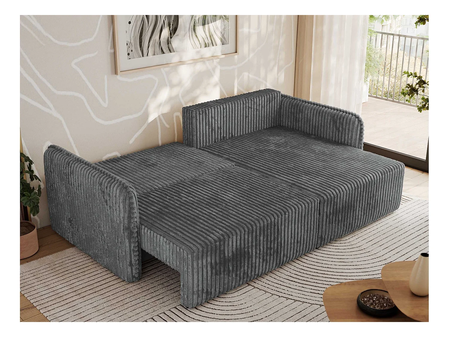 Ecksofa MESTO - Schlaffunktion und Bettkasten, L-form Couch für das Wohnzimmer, Armlehnen - Dunkelgrau Cord - Ecke Rechts