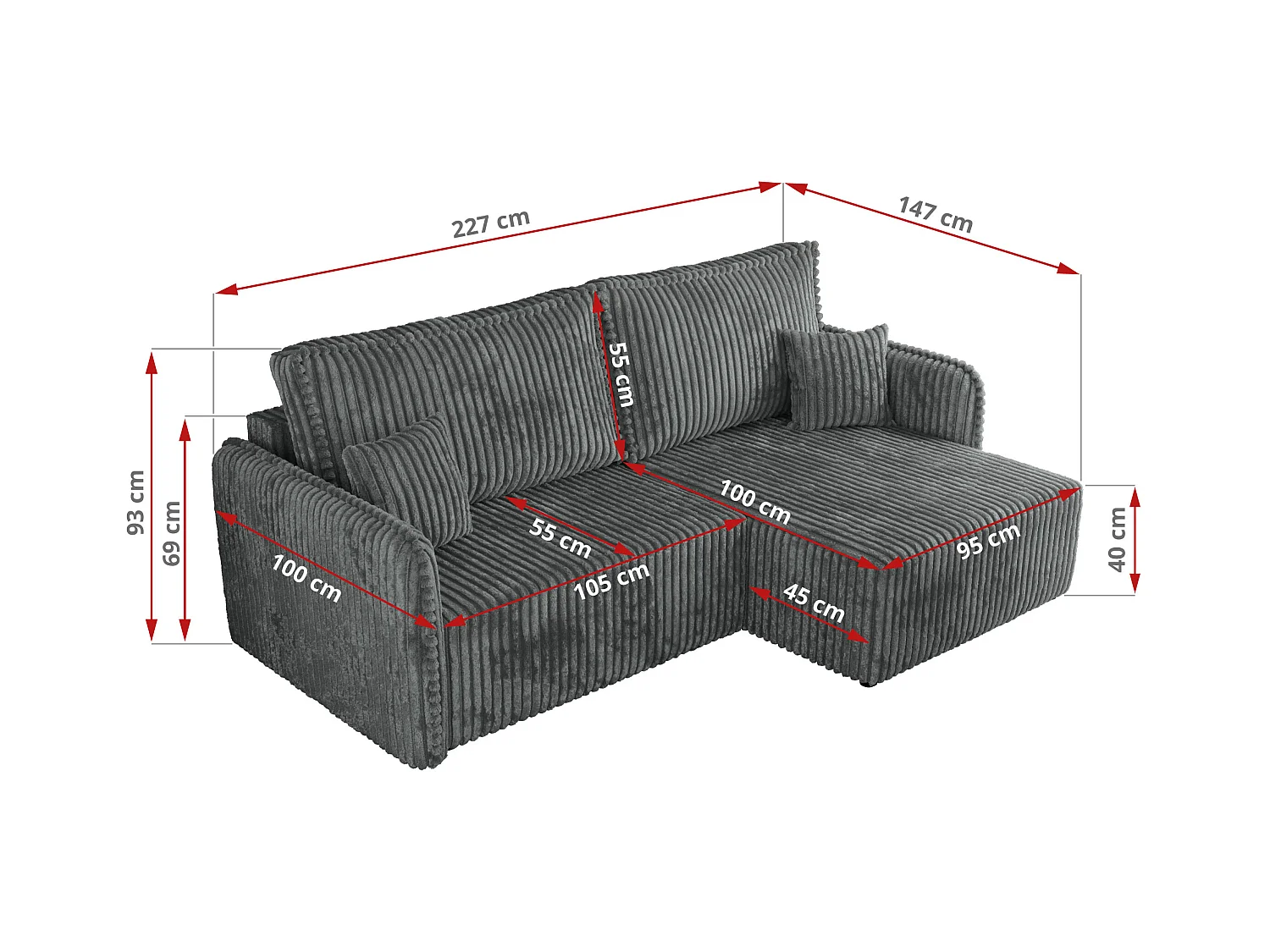 Ecksofa MESTO - Schlaffunktion und Bettkasten, L-form Couch für das Wohnzimmer, Armlehnen - Dunkelgrau Cord - Ecke Rechts