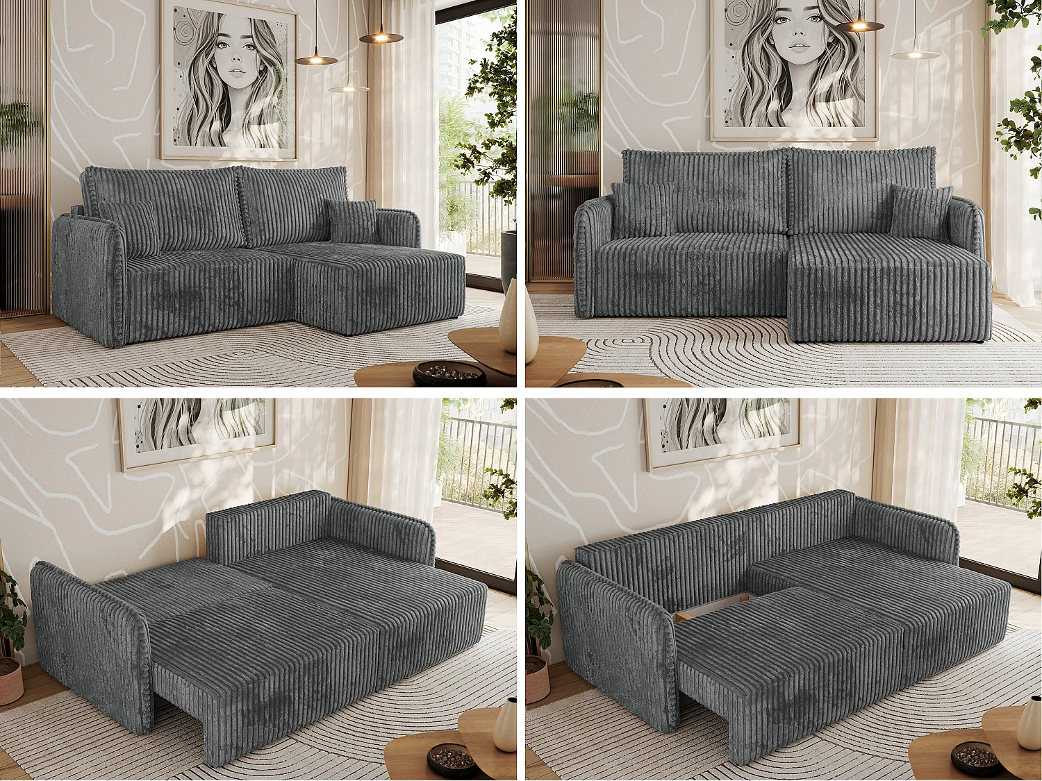 Ecksofa MESTO - Schlaffunktion und Bettkasten, L-form Couch für das Wohnzimmer, Armlehnen - Dunkelgrau Cord - Ecke Rechts