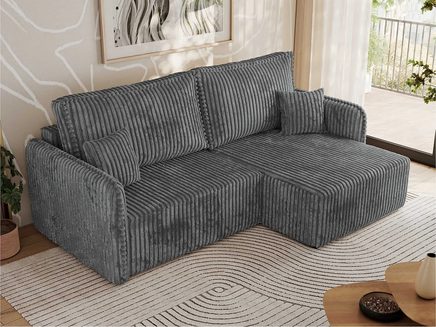 Ecksofa MESTO - Schlaffunktion und Bettkasten, L-form Couch für das Wohnzimmer, Armlehnen - Dunkelgrau Cord - Ecke Rechts