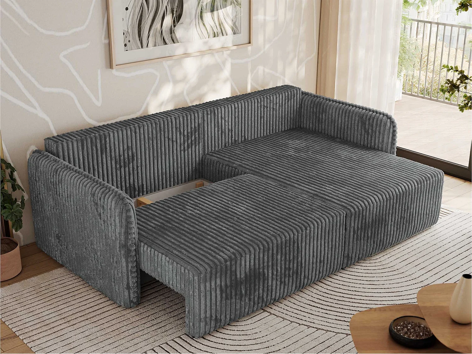 Ecksofa MESTO - Schlaffunktion und Bettkasten, L-form Couch für das Wohnzimmer, Armlehnen - Dunkelgrau Cord - Ecke Rechts