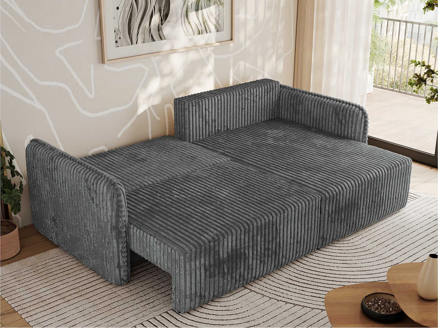 Ecksofa MESTO - Schlaffunktion und Bettkasten, L-form Couch für das Wohnzimmer, Armlehnen - Dunkelgrau Cord - Ecke Rechts