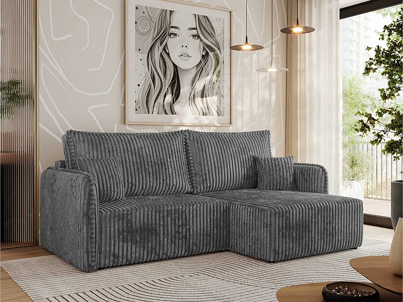 Ecksofa MESTO - Schlaffunktion und Bettkasten, L-form Couch für das Wohnzimmer, Armlehnen - Dunkelgrau Cord - Ecke Rechts