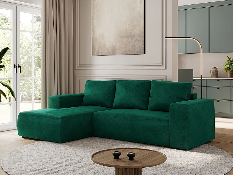 Ecksofa TRENTINO - mit Schlaffunktion und Bettkasten, L-form Couch, lose Kissen und Armlehnen - Dunkelgrün Velvet - Ecke Links