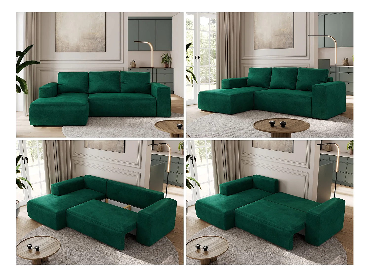 Ecksofa TRENTINO - mit Schlaffunktion und Bettkasten, L-form Couch, lose Kissen und Armlehnen - Dunkelgrün Velvet - Ecke Links