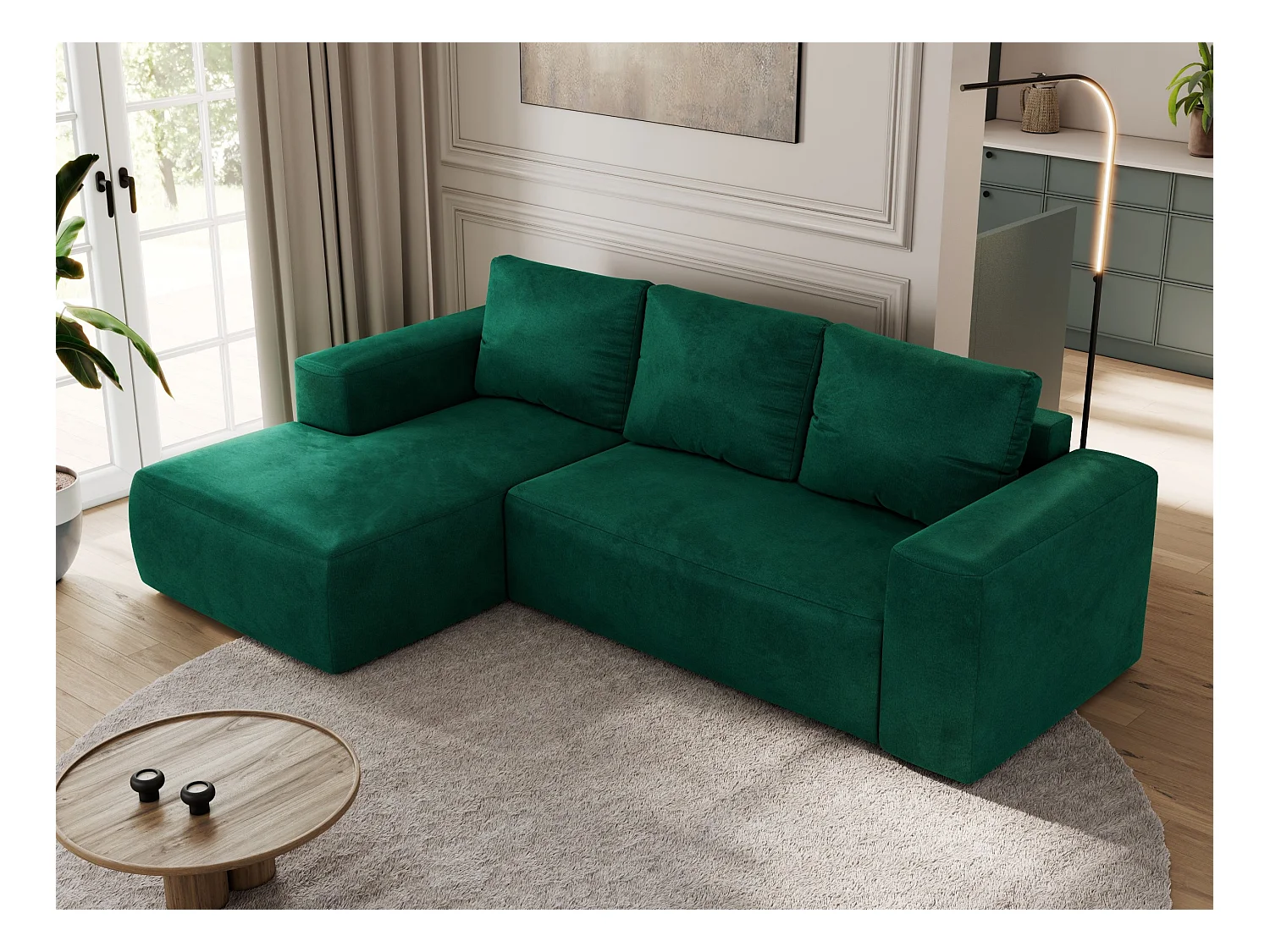 Ecksofa TRENTINO - mit Schlaffunktion und Bettkasten, L-form Couch, lose Kissen und Armlehnen - Dunkelgrün Velvet - Ecke Links