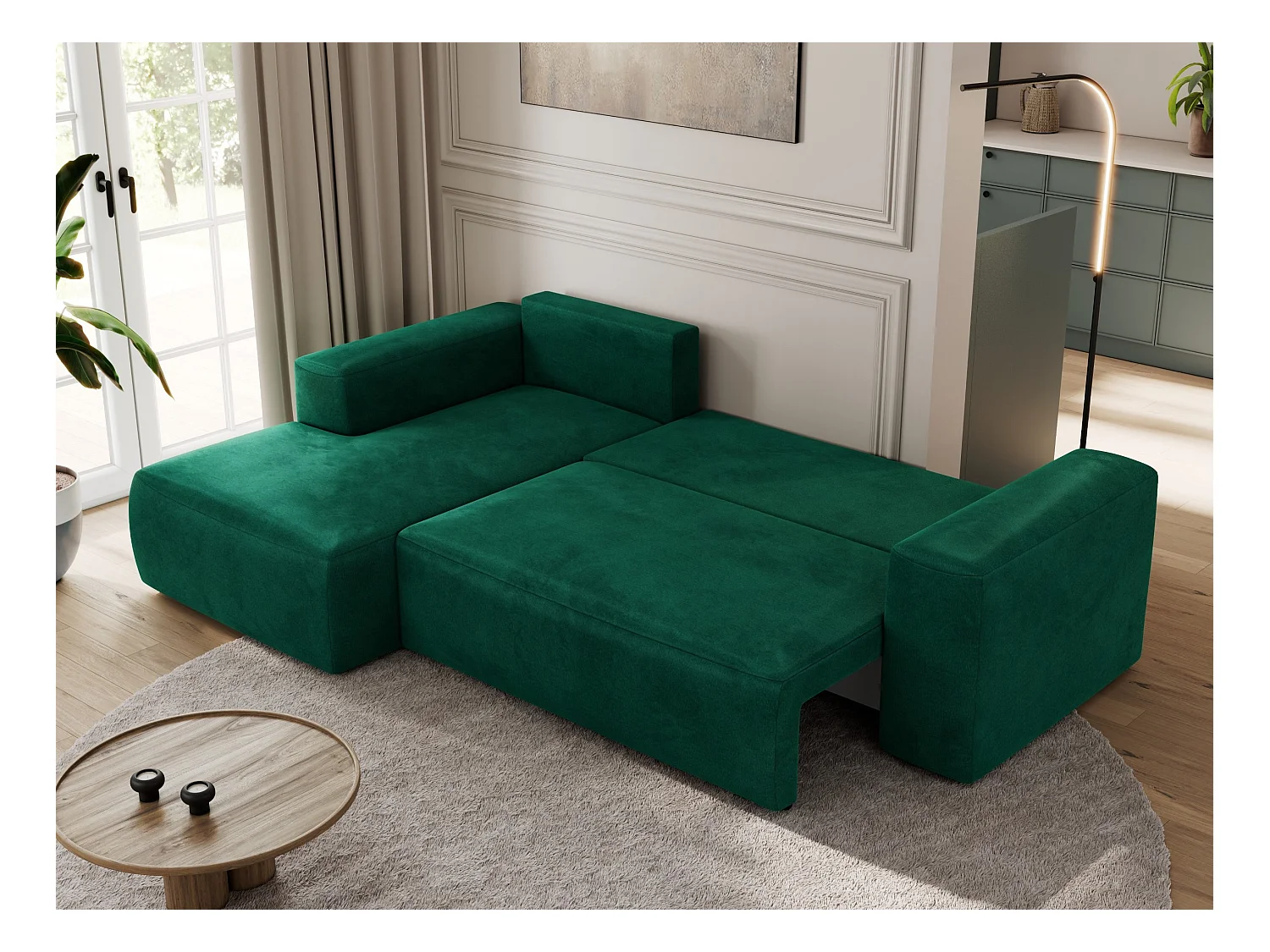 Ecksofa TRENTINO - mit Schlaffunktion und Bettkasten, L-form Couch, lose Kissen und Armlehnen - Dunkelgrün Velvet - Ecke Links