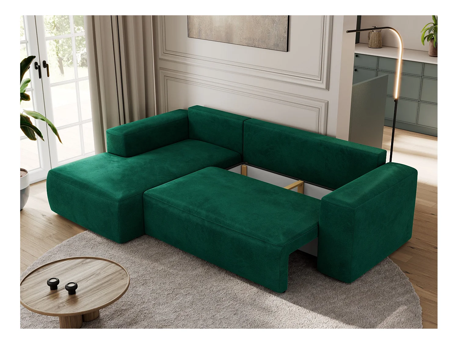 Ecksofa TRENTINO - mit Schlaffunktion und Bettkasten, L-form Couch, lose Kissen und Armlehnen - Dunkelgrün Velvet - Ecke Links