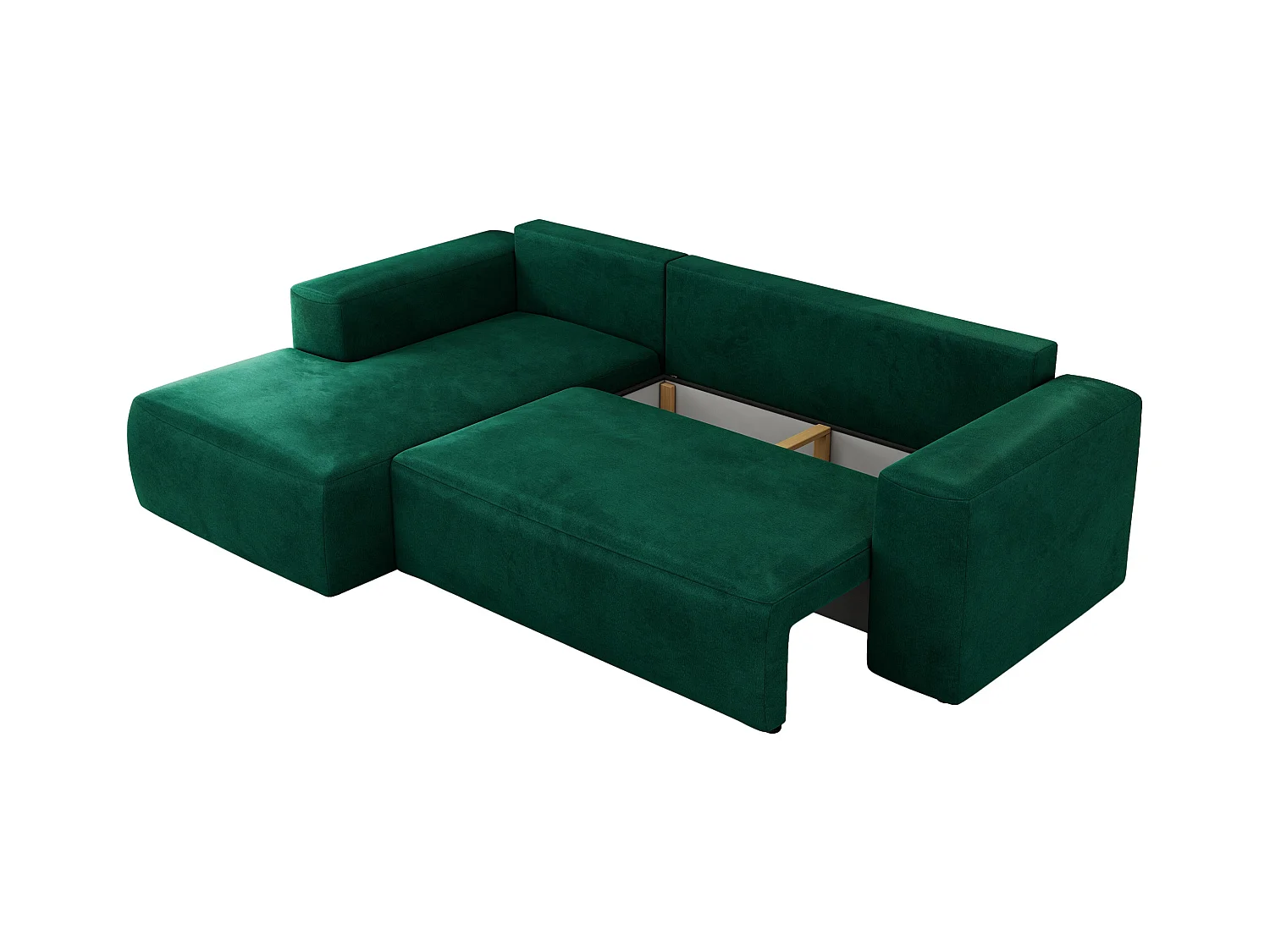 Ecksofa TRENTINO - mit Schlaffunktion und Bettkasten, L-form Couch, lose Kissen und Armlehnen - Dunkelgrün Velvet - Ecke Links