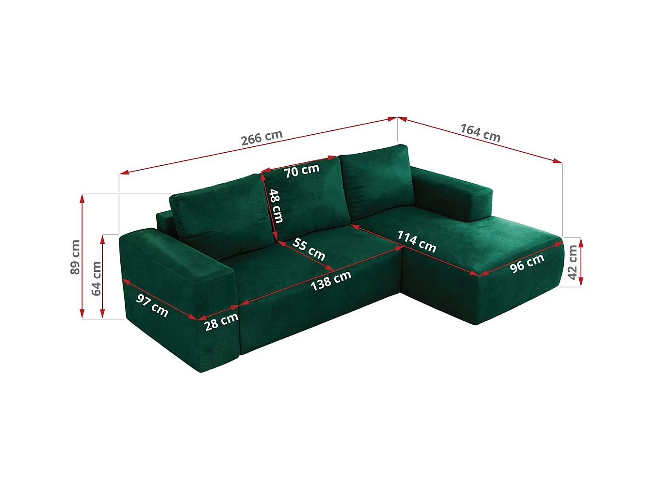 Ecksofa TRENTINO - mit Schlaffunktion und Bettkasten, L-form Couch, lose Kissen und Armlehnen - Dunkelgrün Velvet - Ecke Links