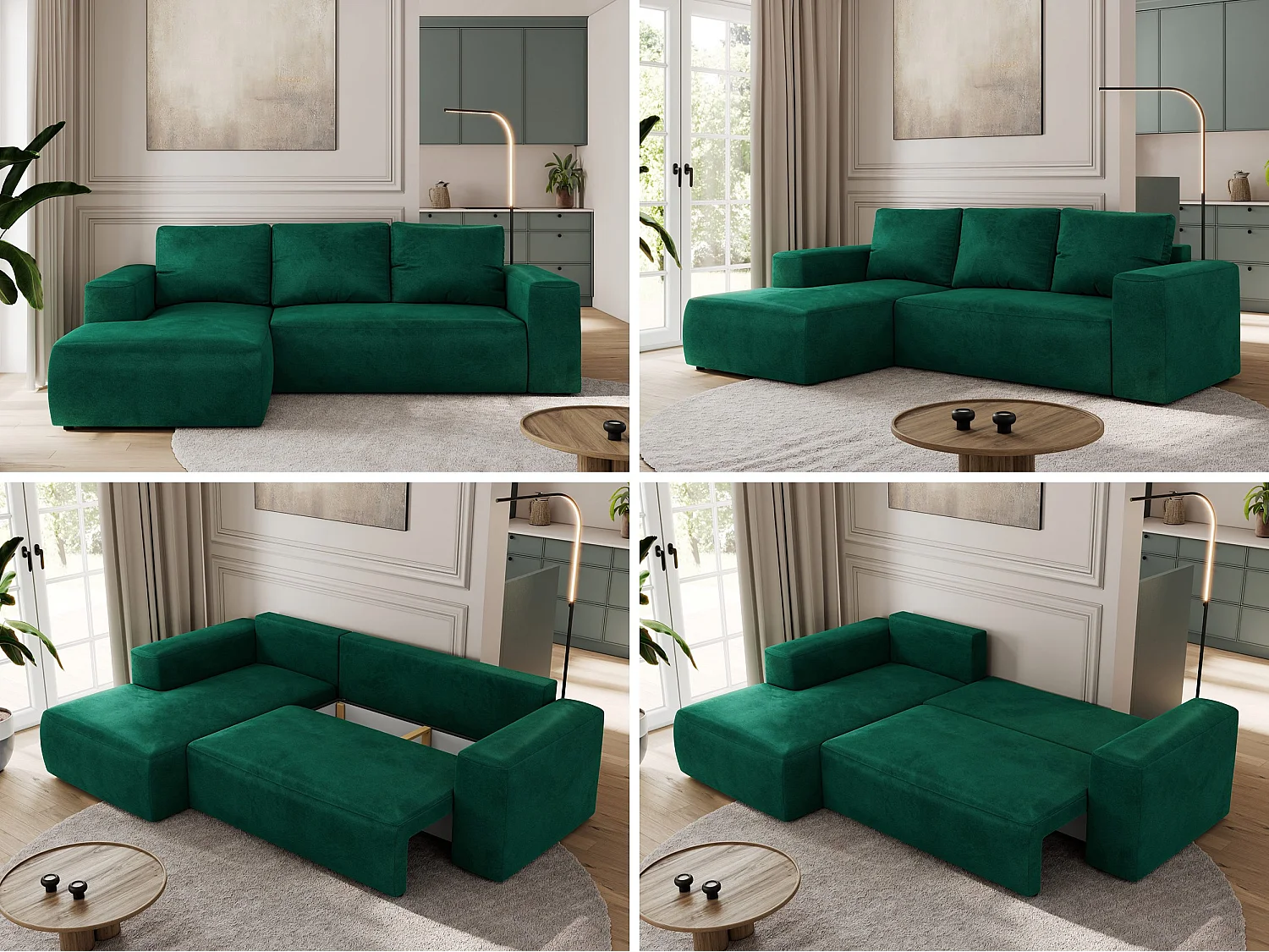 Ecksofa TRENTINO - mit Schlaffunktion und Bettkasten, L-form Couch, lose Kissen und Armlehnen - Dunkelgrün Velvet - Ecke Links