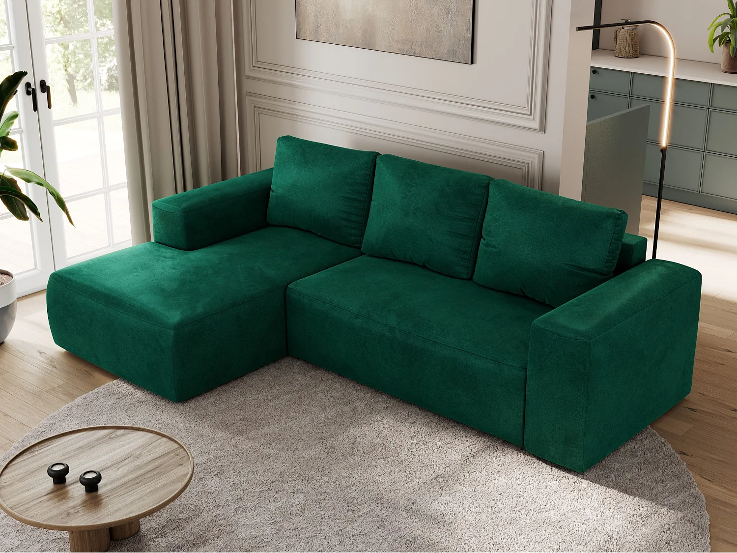 Ecksofa TRENTINO - mit Schlaffunktion und Bettkasten, L-form Couch, lose Kissen und Armlehnen - Dunkelgrün Velvet - Ecke Links