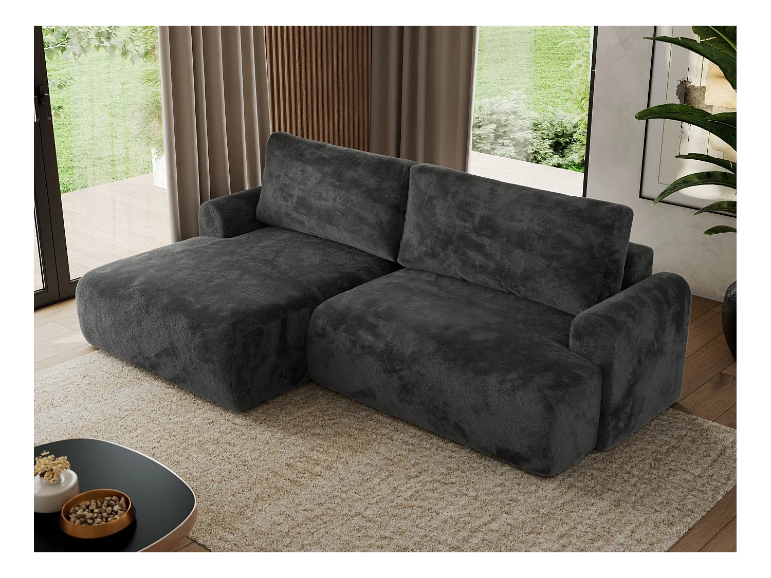 Ecksofa TONO - mit Schlaffunktion und Bettkasten, L-form Ecke, Armlehnen - Dunkelgrau Plüsch - Ecke Links