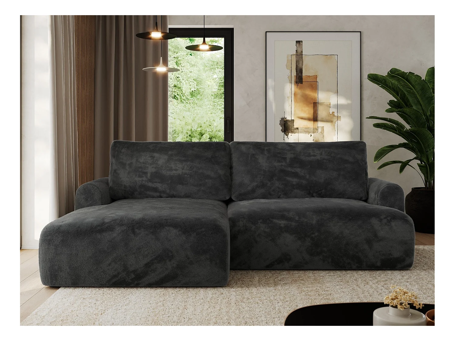 Ecksofa TONO - mit Schlaffunktion und Bettkasten, L-form Ecke, Armlehnen - Dunkelgrau Plüsch - Ecke Links