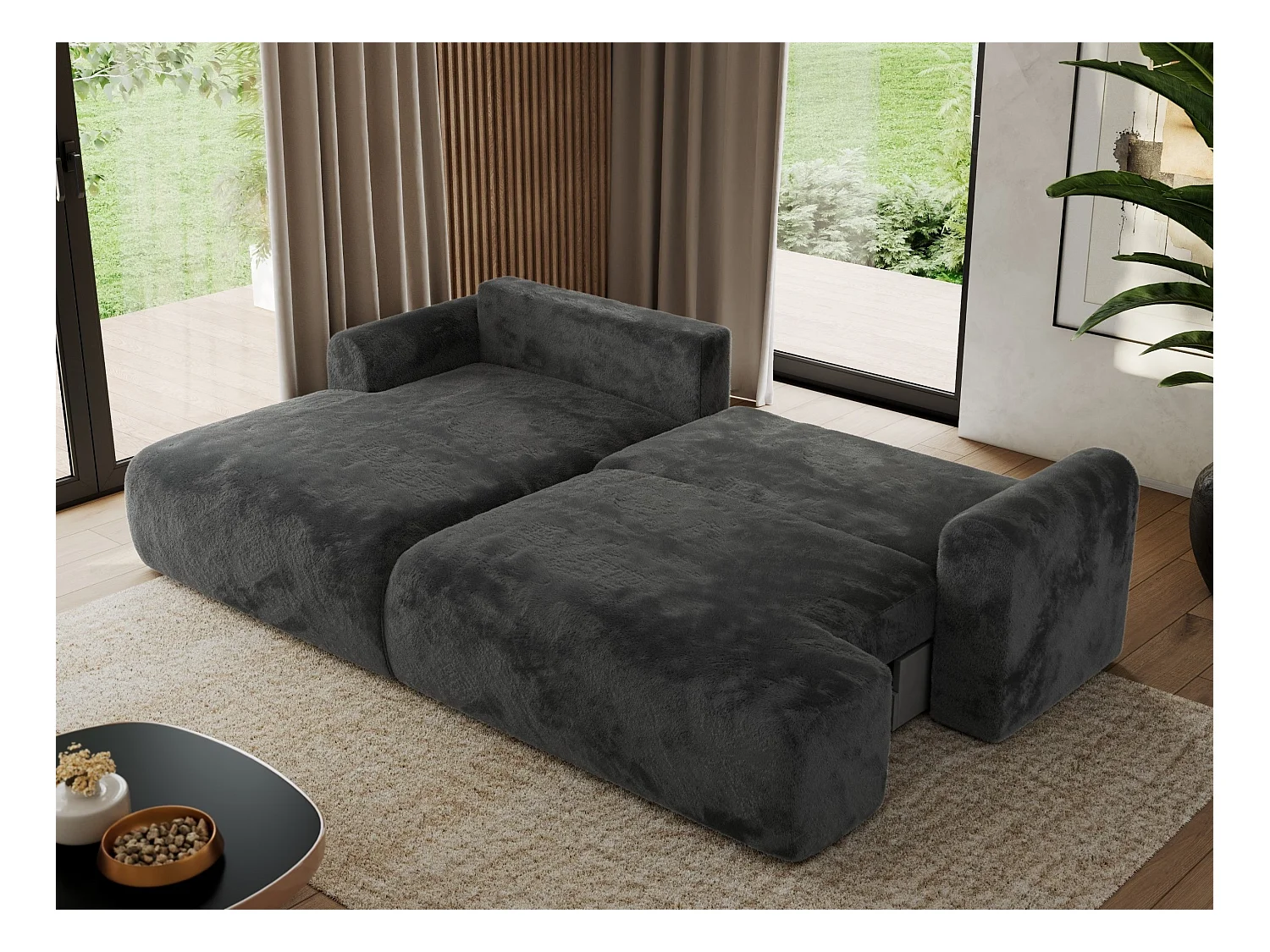 Ecksofa TONO - mit Schlaffunktion und Bettkasten, L-form Ecke, Armlehnen - Dunkelgrau Plüsch - Ecke Links