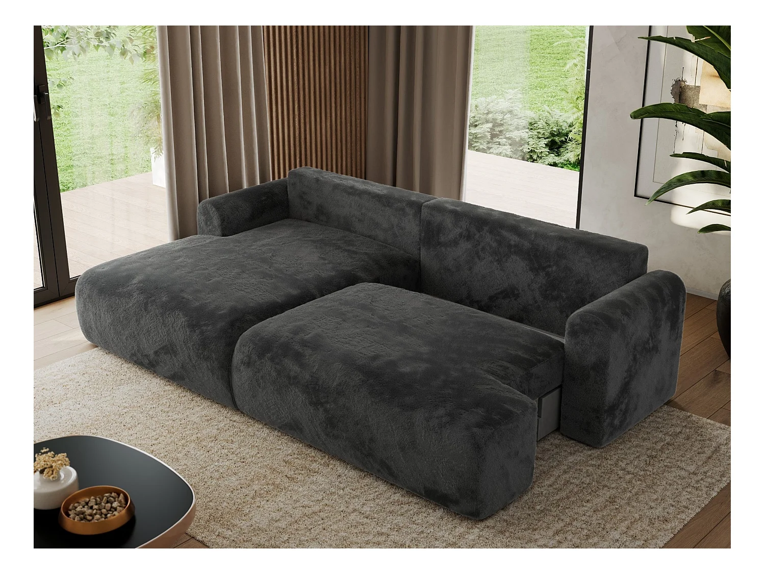 Ecksofa TONO - mit Schlaffunktion und Bettkasten, L-form Ecke, Armlehnen - Dunkelgrau Plüsch - Ecke Links