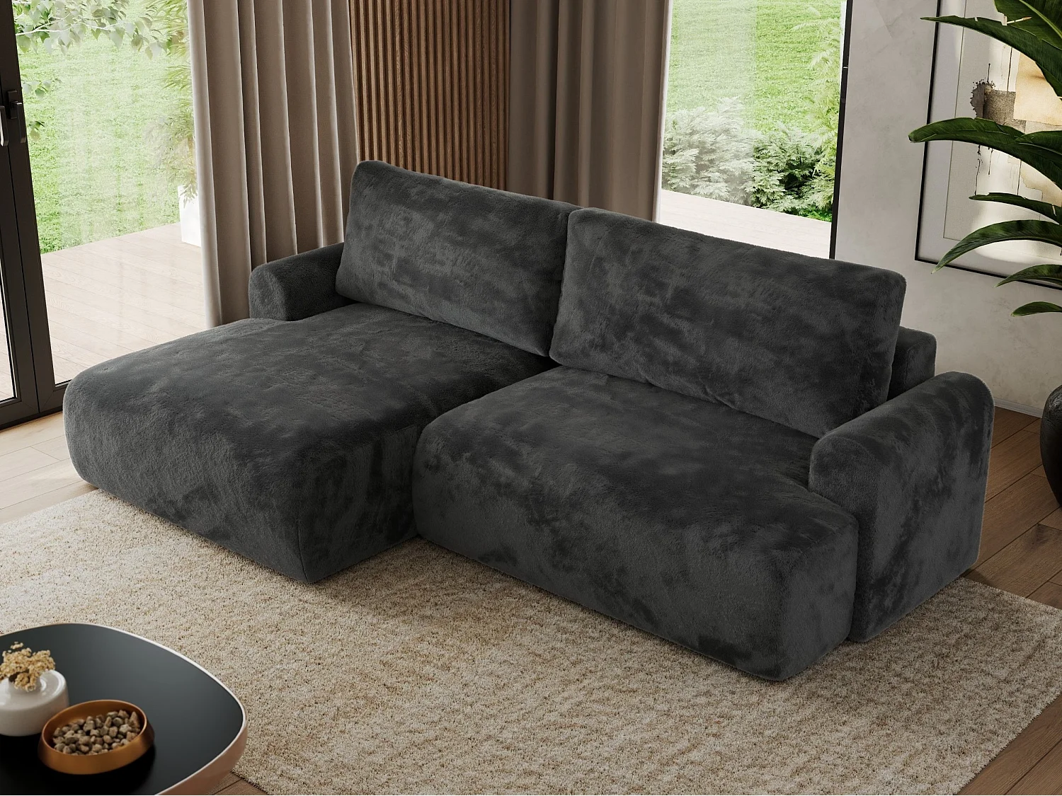 Ecksofa TONO - mit Schlaffunktion und Bettkasten, L-form Ecke, Armlehnen - Dunkelgrau Plüsch - Ecke Links