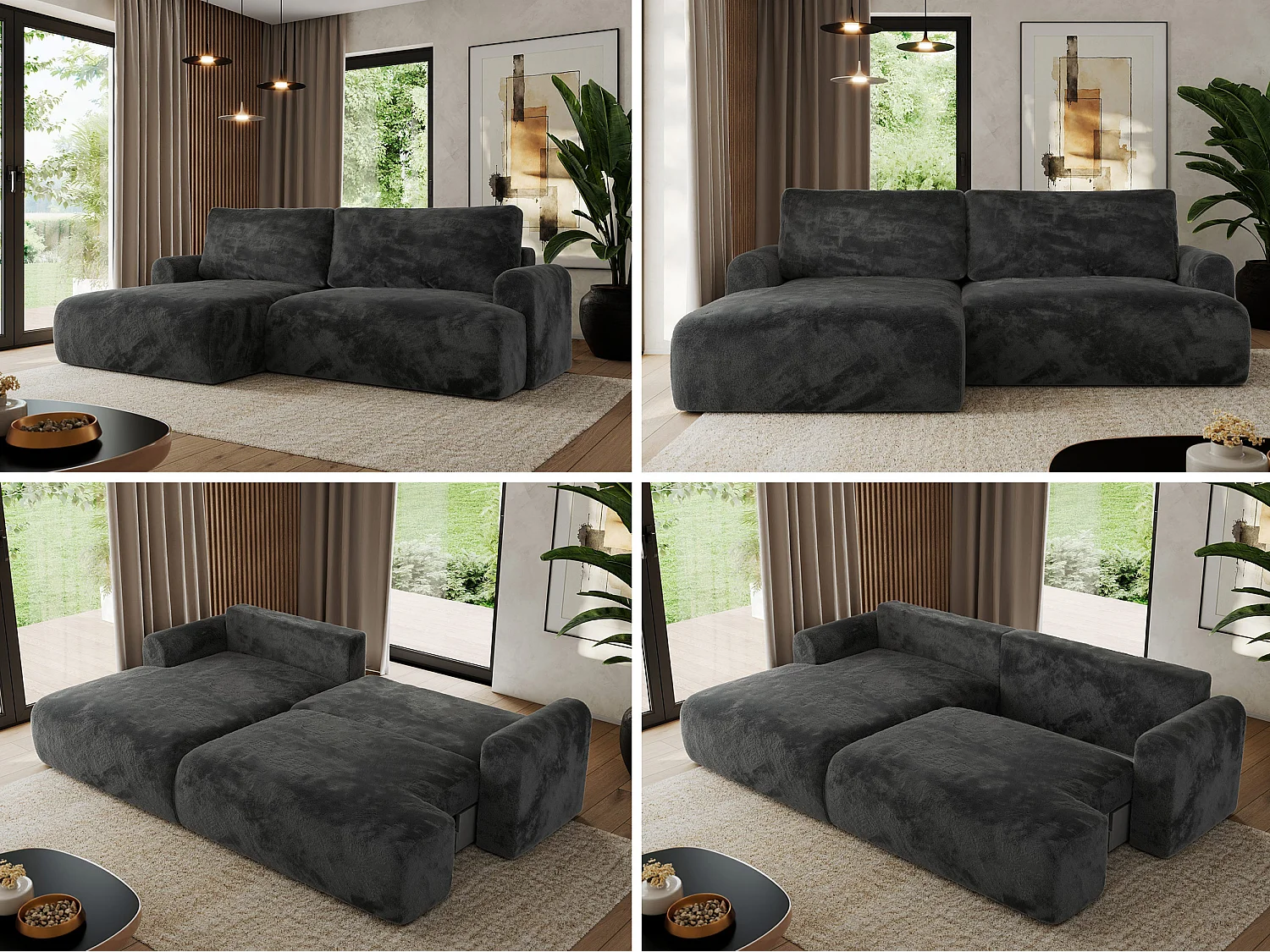 Ecksofa TONO - mit Schlaffunktion und Bettkasten, L-form Ecke, Armlehnen - Dunkelgrau Plüsch - Ecke Links