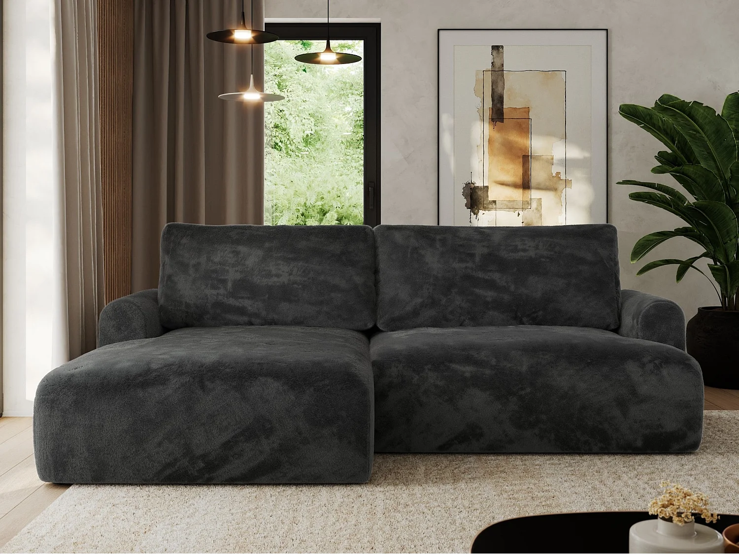 Ecksofa TONO - mit Schlaffunktion und Bettkasten, L-form Ecke, Armlehnen - Dunkelgrau Plüsch - Ecke Links