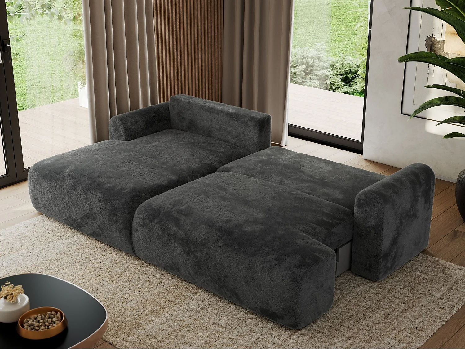 Ecksofa TONO - mit Schlaffunktion und Bettkasten, L-form Ecke, Armlehnen - Dunkelgrau Plüsch - Ecke Links