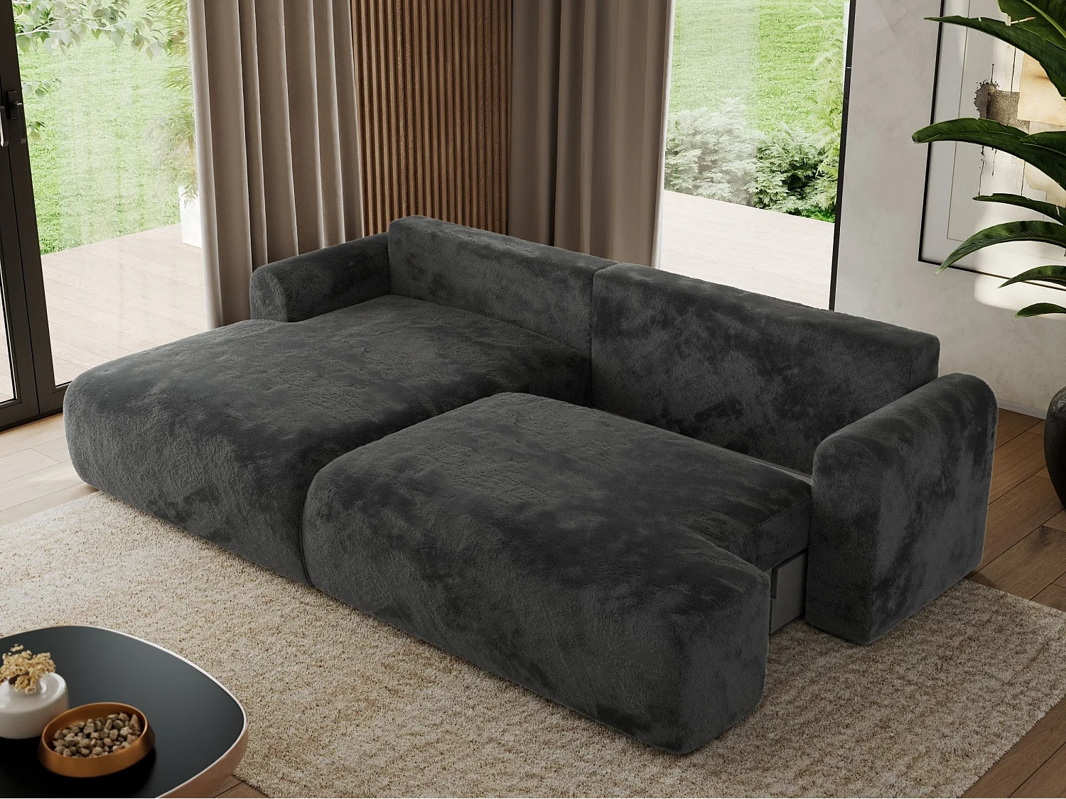 Ecksofa TONO - mit Schlaffunktion und Bettkasten, L-form Ecke, Armlehnen - Dunkelgrau Plüsch - Ecke Links