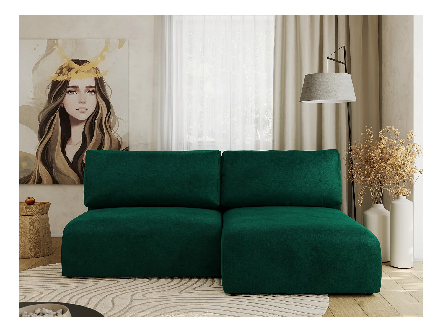 Ecksofa VIVO - L-form Couch mit Schlaffunktion und Bettkasten, Wellenfeder - Dunkelgrün Velvet - Ecke Rechts