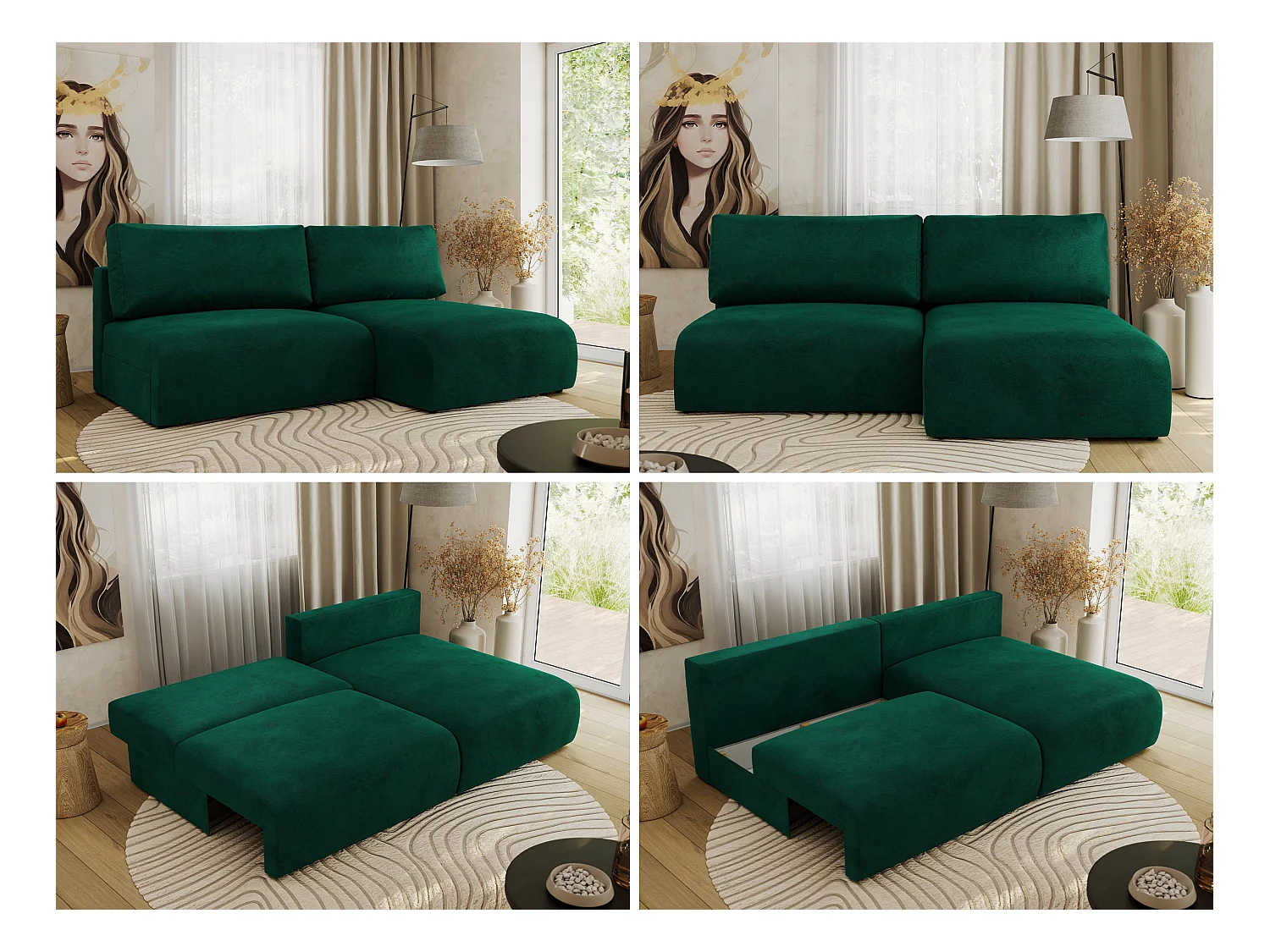 Ecksofa VIVO - L-form Couch mit Schlaffunktion und Bettkasten, Wellenfeder - Dunkelgrün Velvet - Ecke Rechts