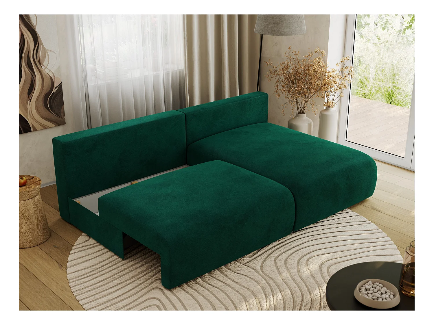 Ecksofa VIVO - L-form Couch mit Schlaffunktion und Bettkasten, Wellenfeder - Dunkelgrün Velvet - Ecke Rechts