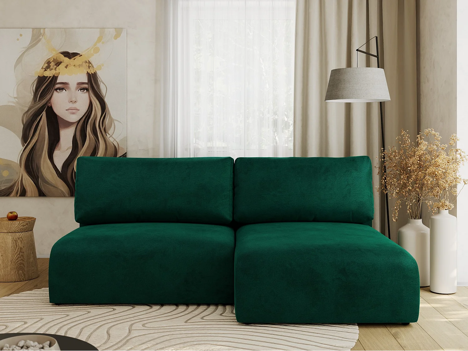 Ecksofa VIVO - L-form Couch mit Schlaffunktion und Bettkasten, Wellenfeder - Dunkelgrün Velvet - Ecke Rechts