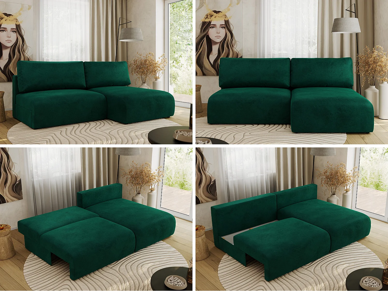 Ecksofa VIVO - L-form Couch mit Schlaffunktion und Bettkasten, Wellenfeder - Dunkelgrün Velvet - Ecke Rechts