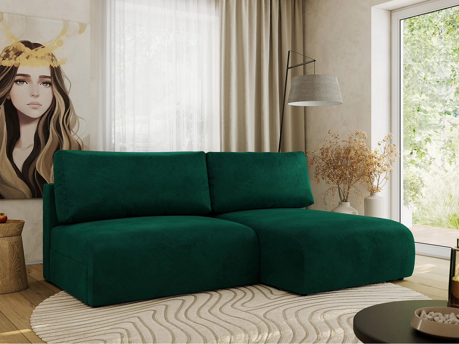 Ecksofa VIVO - L-form Couch mit Schlaffunktion und Bettkasten, Wellenfeder - Dunkelgrün Velvet - Ecke Rechts