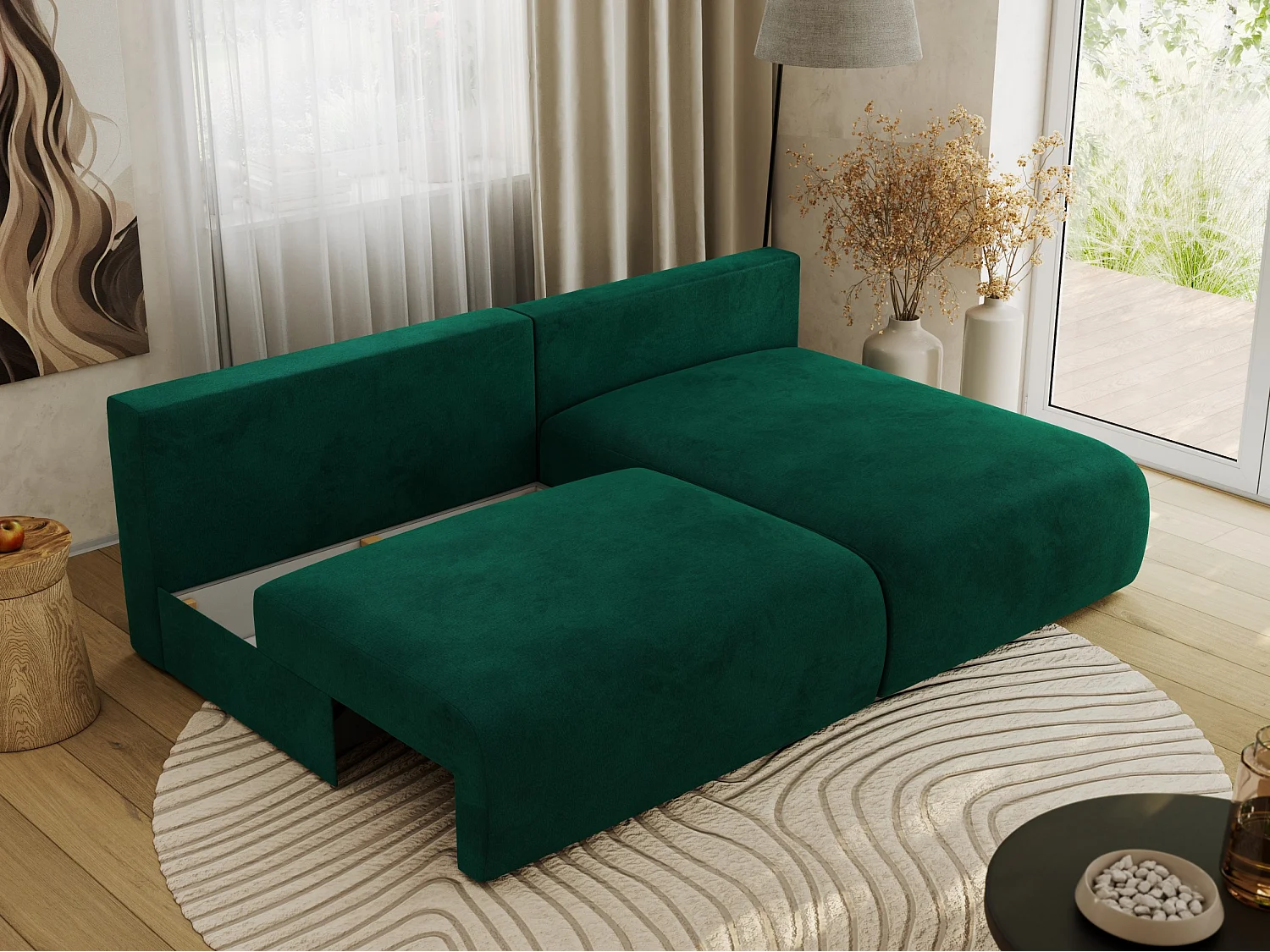 Ecksofa VIVO - L-form Couch mit Schlaffunktion und Bettkasten, Wellenfeder - Dunkelgrün Velvet - Ecke Rechts