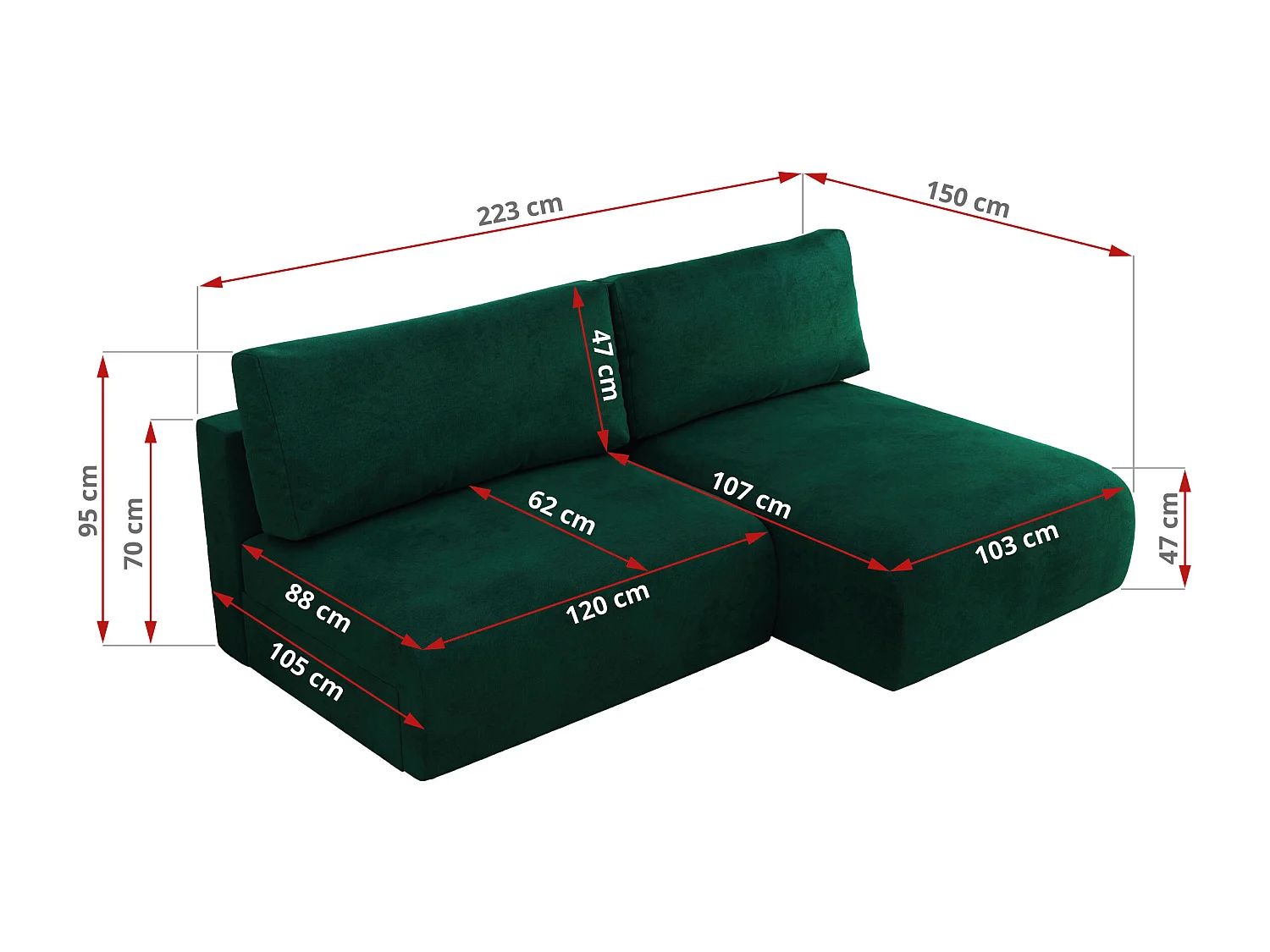 Ecksofa VIVO - L-form Couch mit Schlaffunktion und Bettkasten, Wellenfeder - Dunkelgrün Velvet - Ecke Rechts
