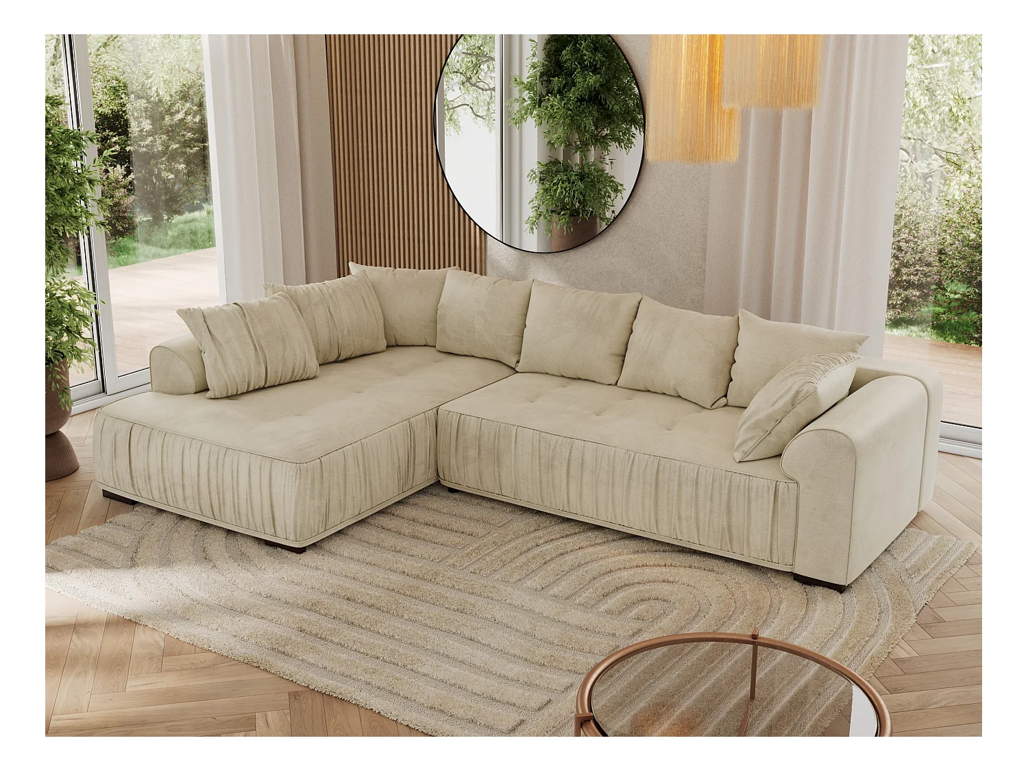 Ecksofa ORTA - Schlaffunktion und Bettkasten, lose Kissen, gesteppter Sitz, L-förmige Ecke - Beige Velvet - Ecke Links