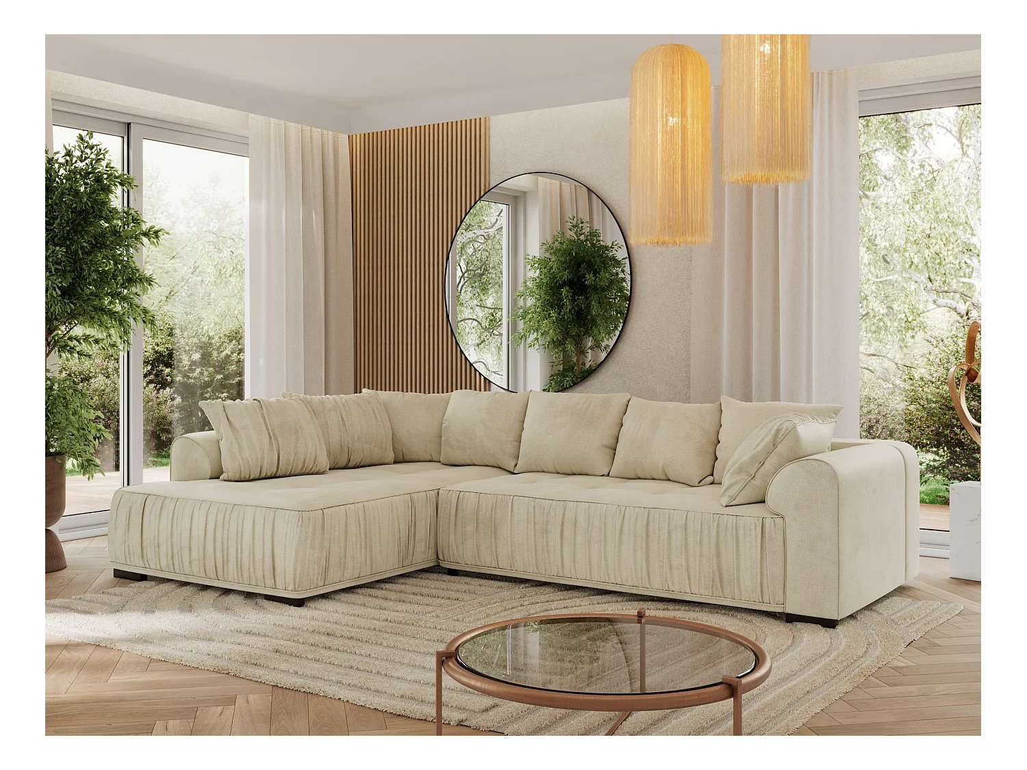 Ecksofa ORTA - Schlaffunktion und Bettkasten, lose Kissen, gesteppter Sitz, L-förmige Ecke - Beige Velvet - Ecke Links