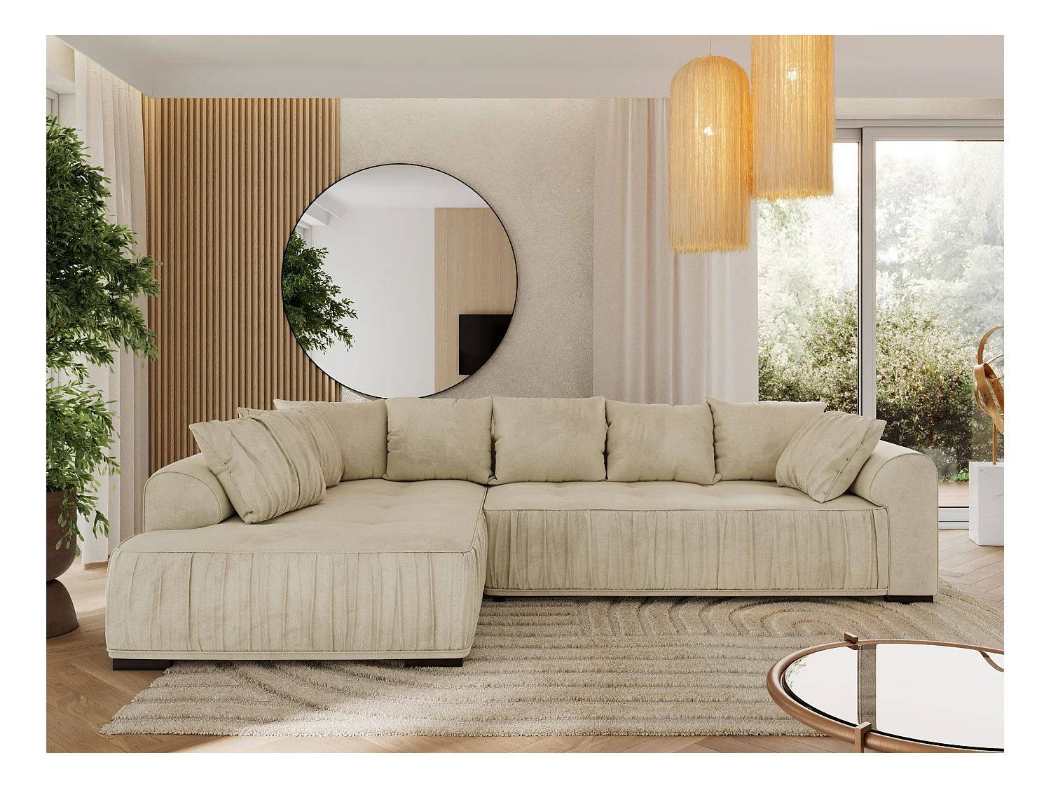 Ecksofa ORTA - Schlaffunktion und Bettkasten, lose Kissen, gesteppter Sitz, L-förmige Ecke - Beige Velvet - Ecke Links