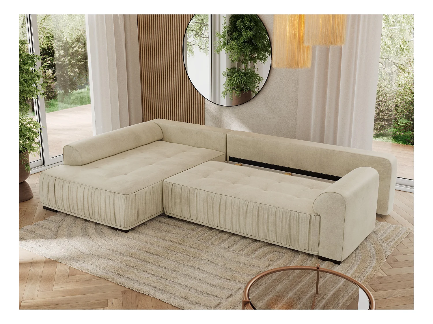 Ecksofa ORTA - Schlaffunktion und Bettkasten, lose Kissen, gesteppter Sitz, L-förmige Ecke - Beige Velvet - Ecke Links