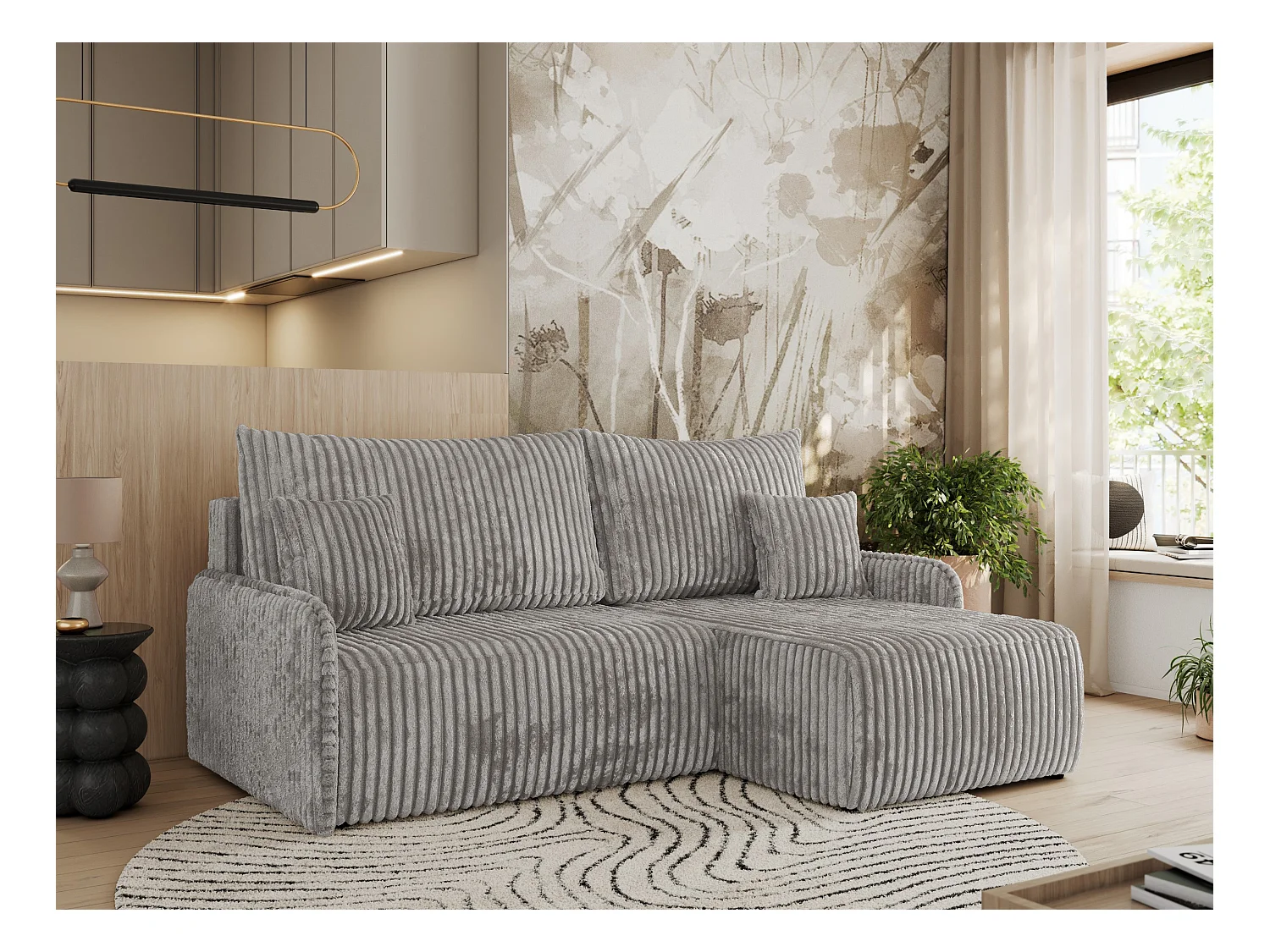 Ecksofa ARPA - L-form Schlaffsofa, Bettkasten und lose Kissen, Armlehnen - Grau Cord - Ecke Rechts
