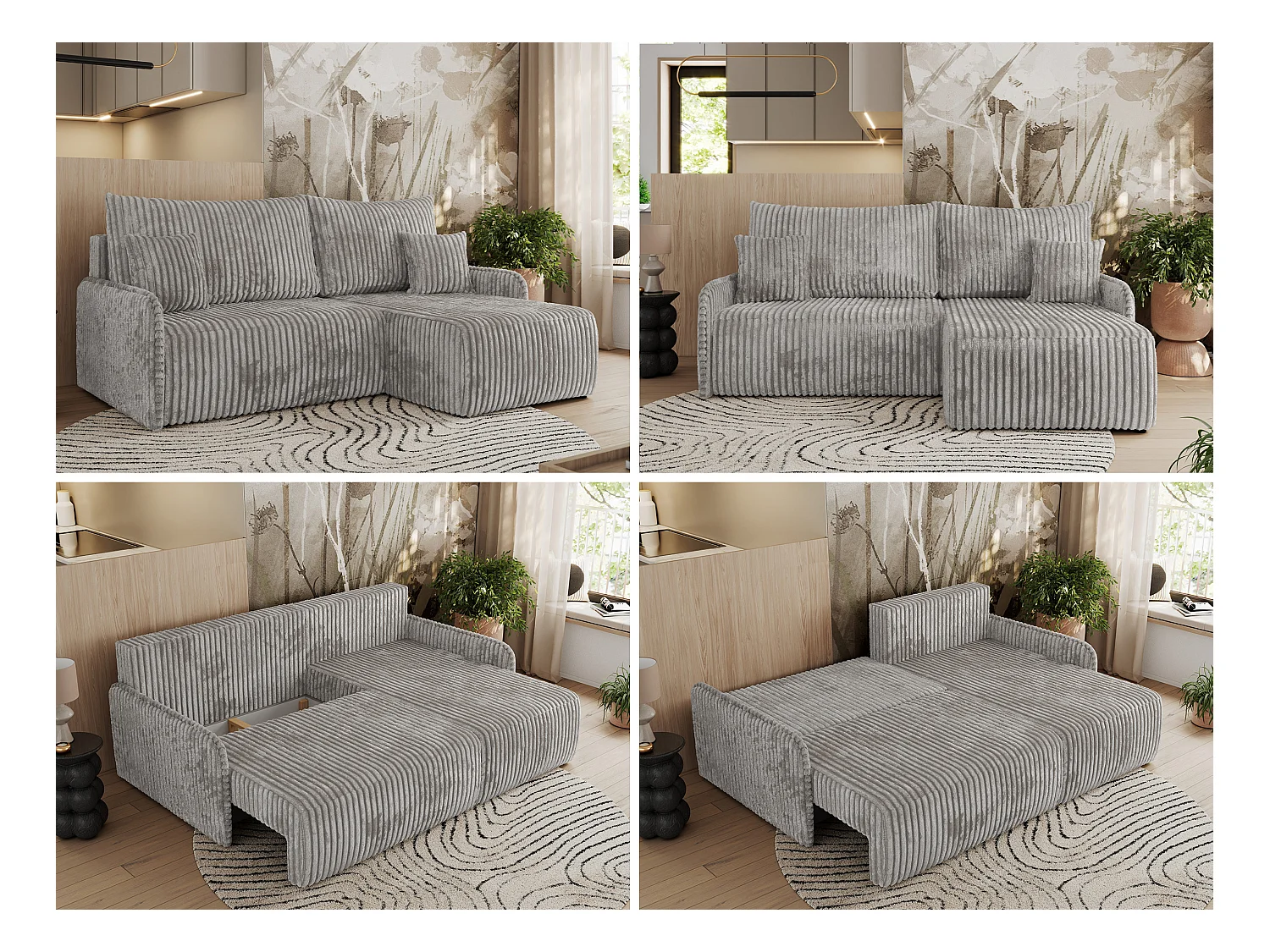Ecksofa ARPA - L-form Schlaffsofa, Bettkasten und lose Kissen, Armlehnen - Grau Cord - Ecke Rechts