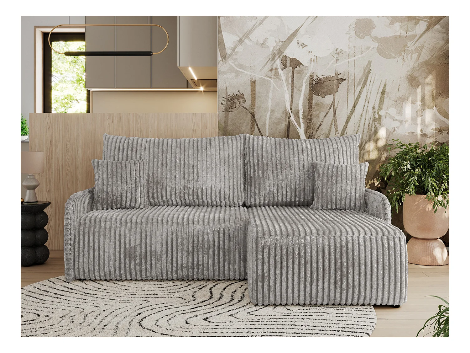 Ecksofa ARPA - L-form Schlaffsofa, Bettkasten und lose Kissen, Armlehnen - Grau Cord - Ecke Rechts