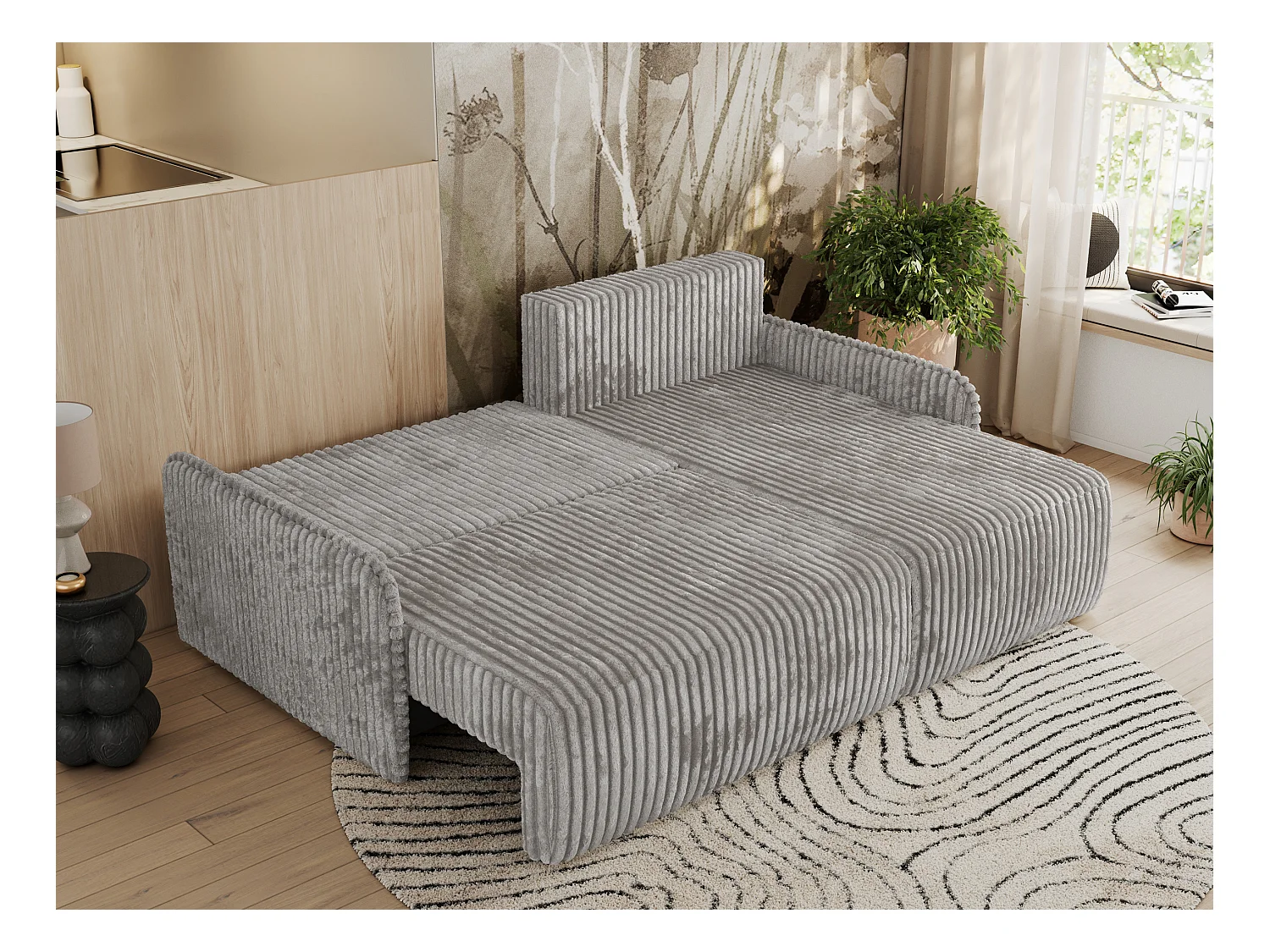 Ecksofa ARPA - L-form Schlaffsofa, Bettkasten und lose Kissen, Armlehnen - Grau Cord - Ecke Rechts