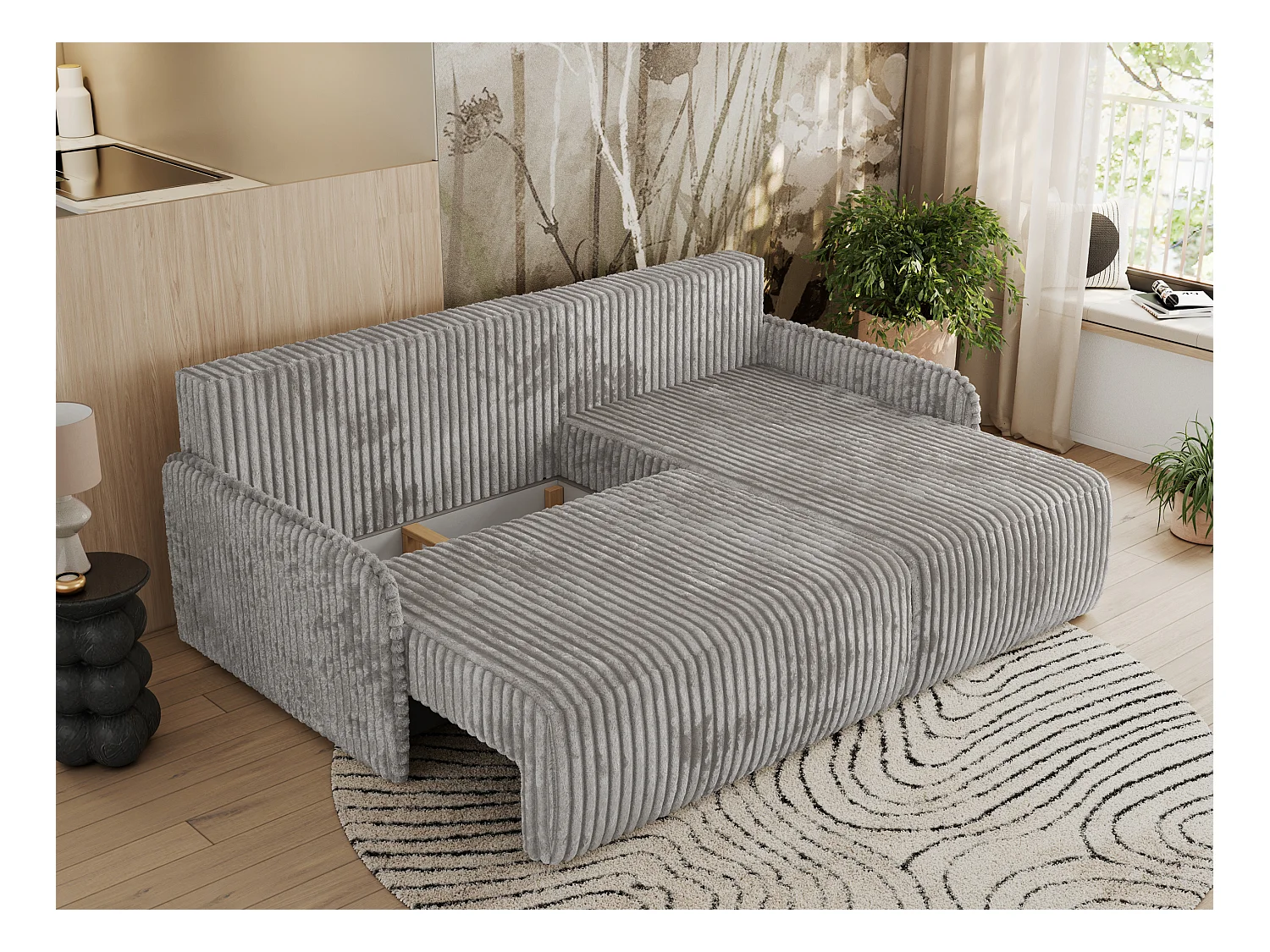 Ecksofa ARPA - L-form Schlaffsofa, Bettkasten und lose Kissen, Armlehnen - Grau Cord - Ecke Rechts