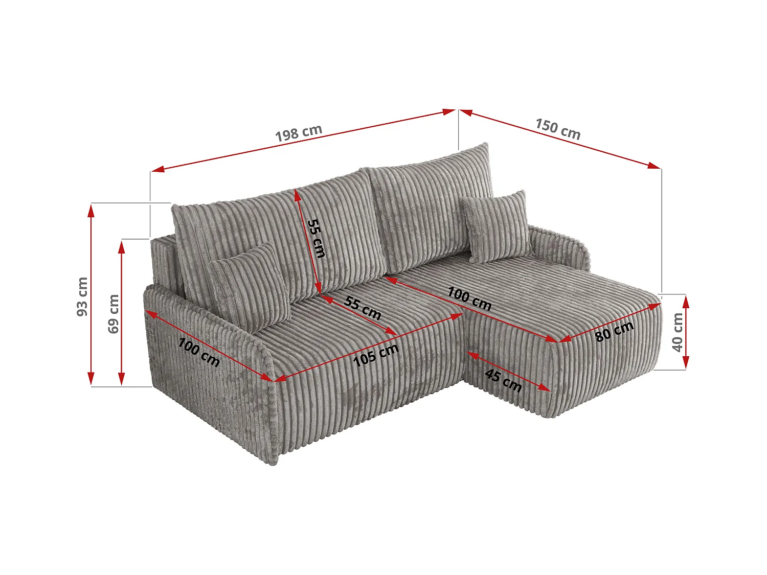 Ecksofa ARPA - L-form Schlaffsofa, Bettkasten und lose Kissen, Armlehnen - Grau Cord - Ecke Rechts